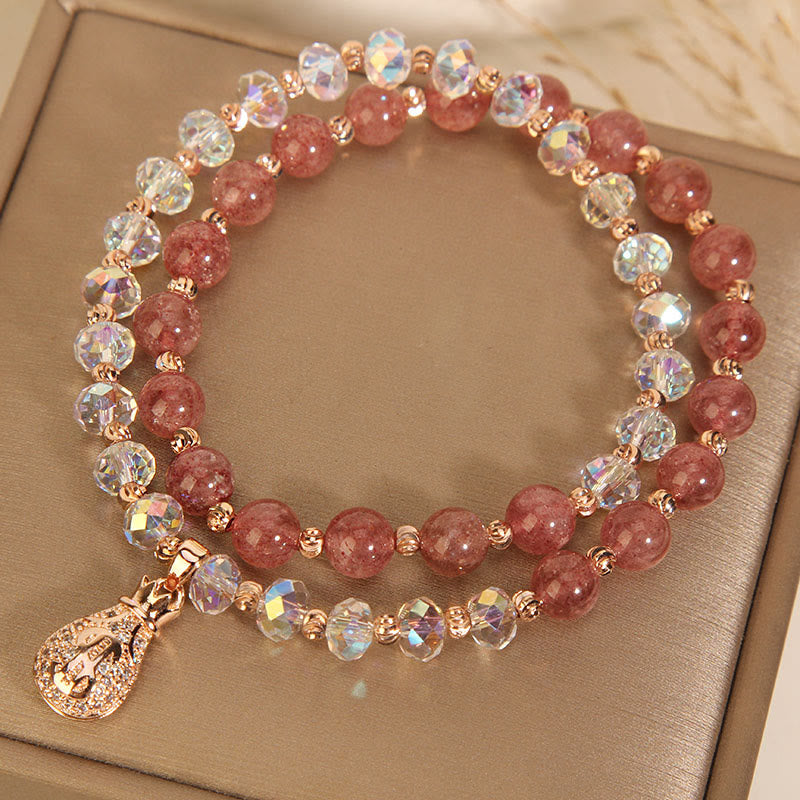 Karma Stone Strawberry Quartz White Crystal Money Bag Charm Positive Bracelet