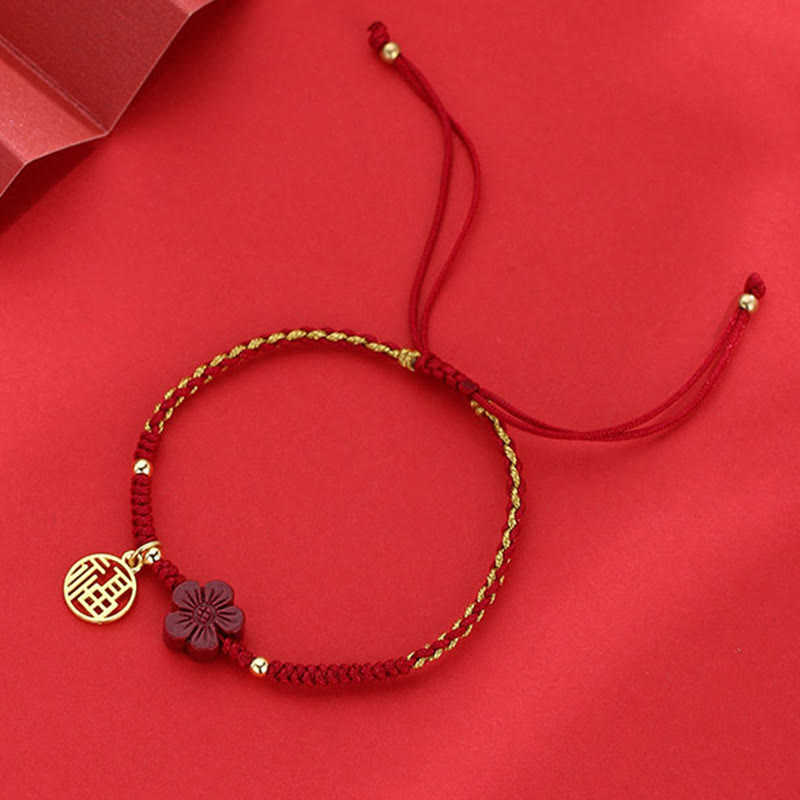 Karma Stone Cinnabar Flower Fu Character Blessing Braided String Bracelet