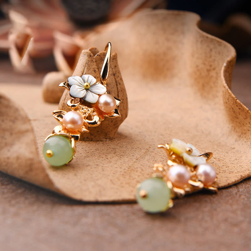 Karma Stone 14K Gold Plated Tridacna Stone Flower Pearl Green Aventurine Bead Drop Earrings