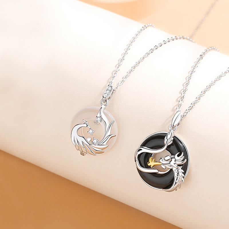 Karma Stone 925 Sterling Silver Year of the Dragon Natural Black Onyx Chalcedony Dragon Phoenix Peace Buckle Protection Necklace Pendant
