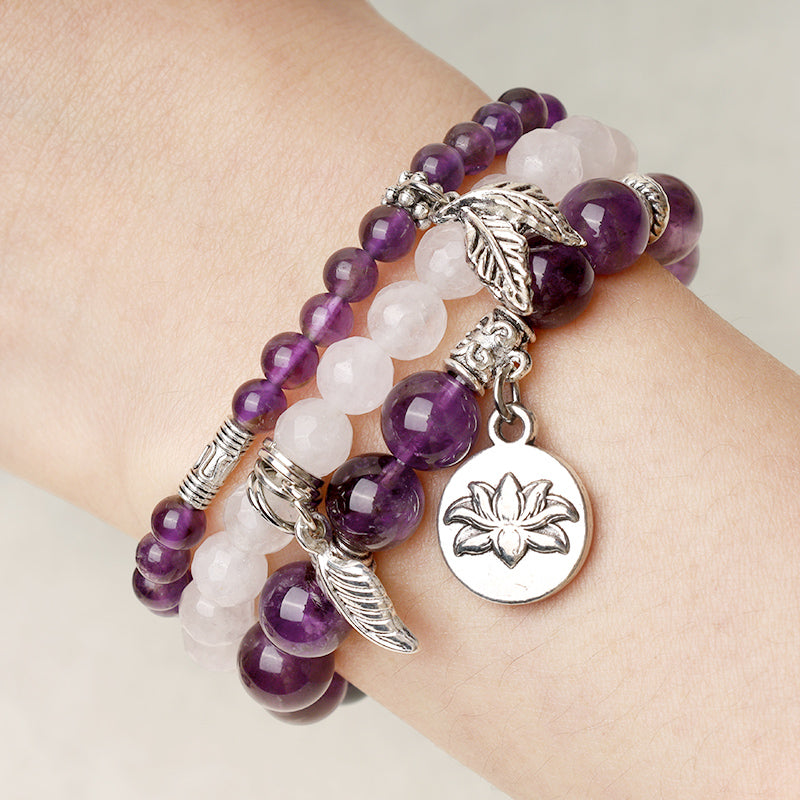 Karma Stone 3PCS Natural Quartz Crystal Beaded Healing Energy Lotus Bracelet