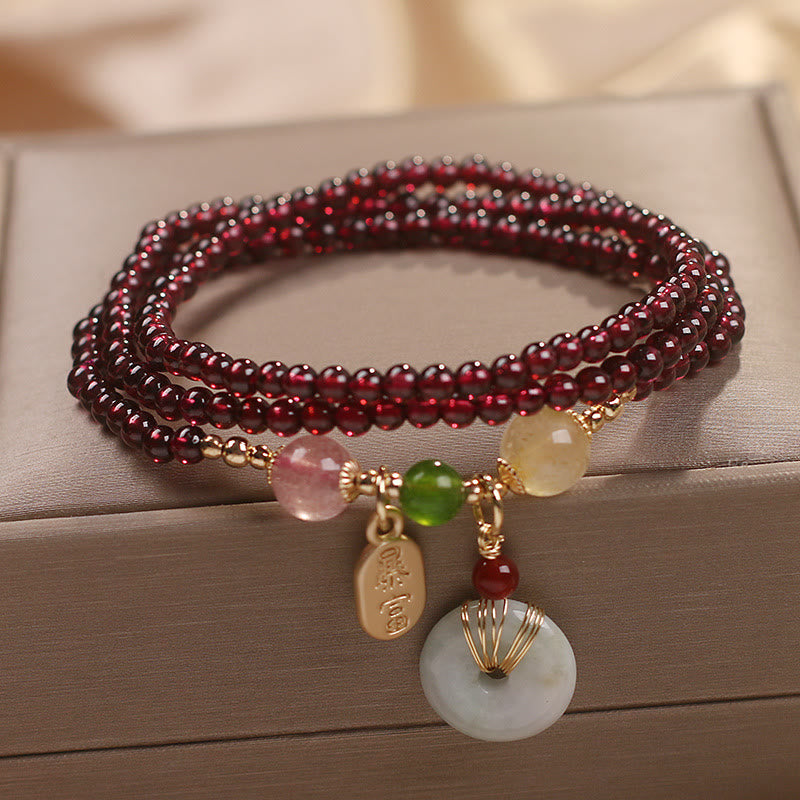 Karma Stone Natural Garnet Strawberry Quartz Crystal Fox Koi Fish Peace Buckle Fortune Protection Triple Wrap Bracelet