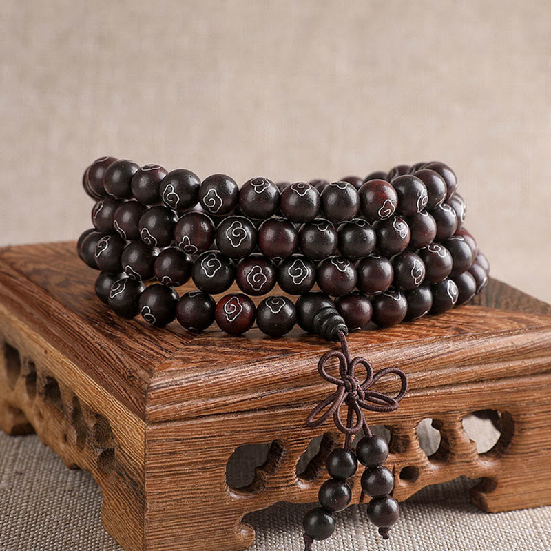 Karma Stone 925 Sterling Silver Inlaid Small Leaf Red Sandalwood Om Mani Padme Hum Character Auspicious Clouds Protection Bracelet