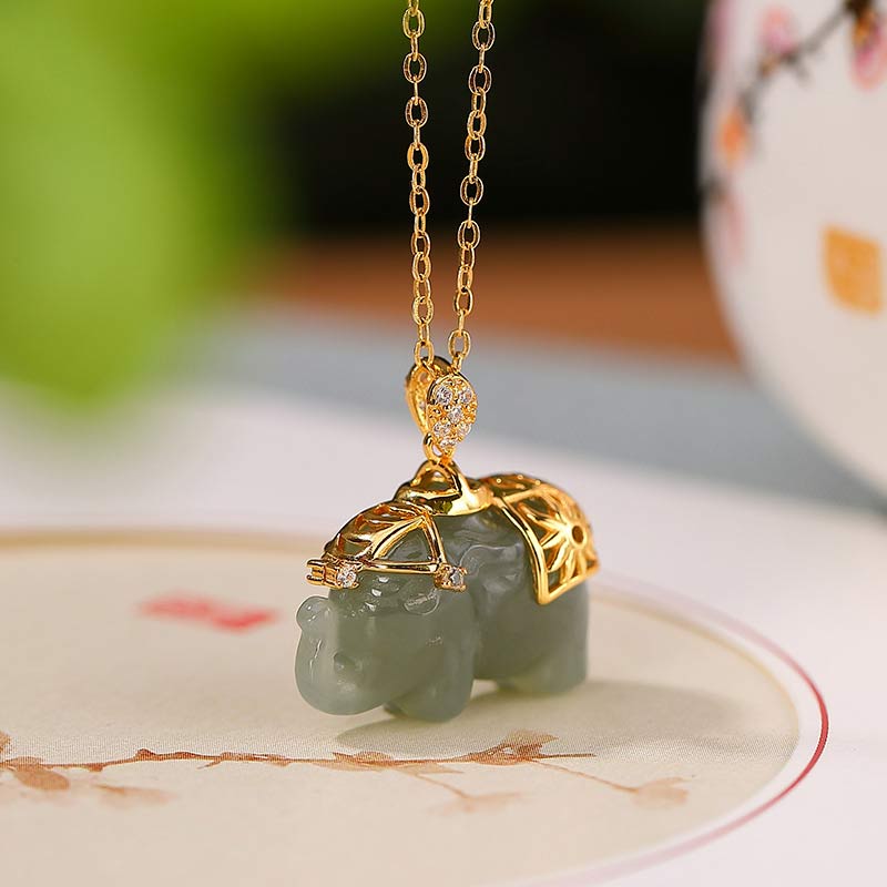 Karma Stone 925 Sterling Silver Jade Elephant Blessing Fortune Necklace Chain Pendant