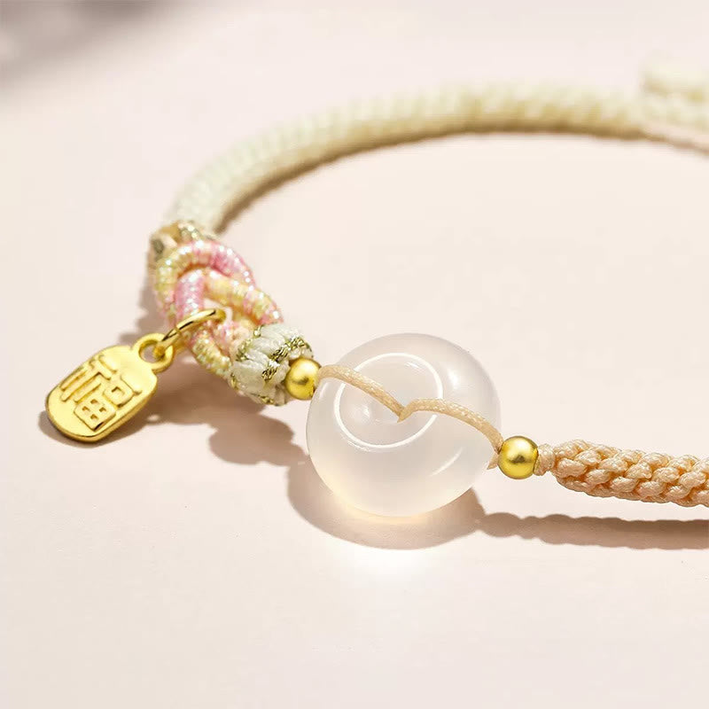 Karma Stone Handmade White Agate Peace Buckle Luck Happiness Protection Weave String Bracelet