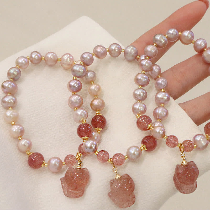 Karma Stone Natural Pearl Strawberry Quartz Cute Fox Love Healing Charm Bracelet