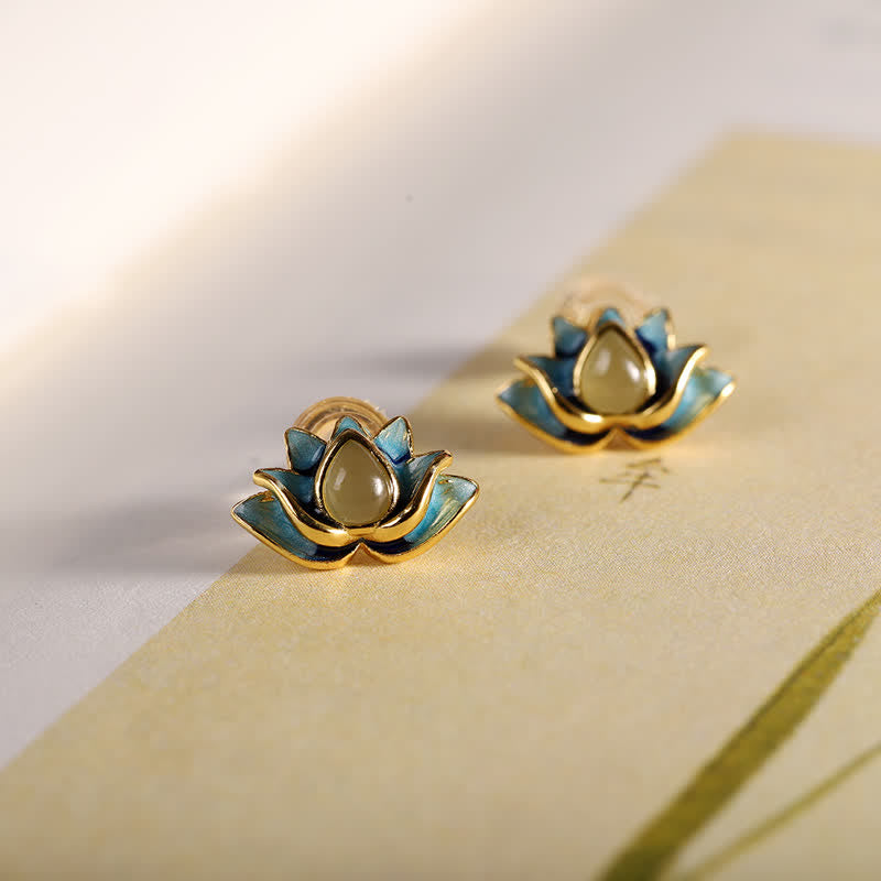Karma Stone 925 Sterling Silver Hetian Cyan Jade Lotus Flower Success Earrings