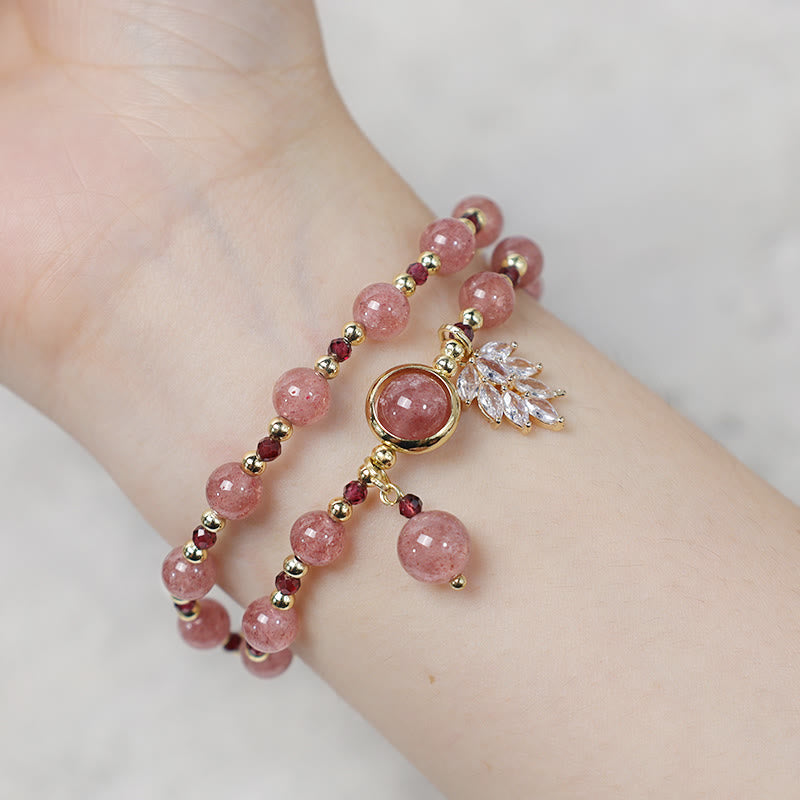 Karma Stone Natural Strawberry Quartz Love Healing Maple Leaf Charm Double Wrap Bracelet