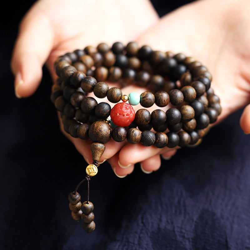 Karma Stone 108 Mala Beads Agarwood Red Agate Turquoise Peace Meditation Bracelet
