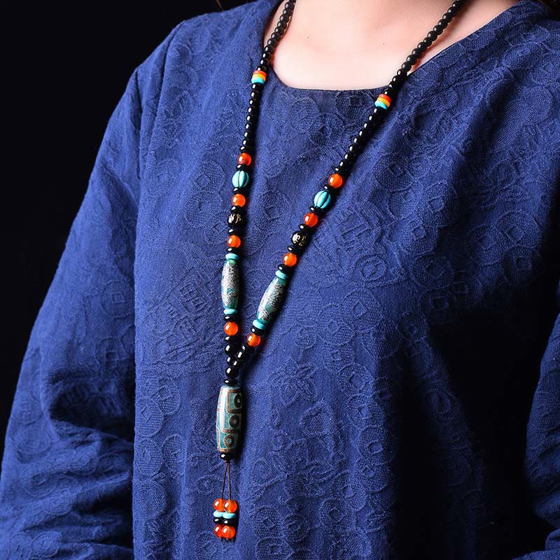 Karma Stone Tibetan Nine-Eye Dzi Bead Dragon Pattern Om Mani Padme Hum Protection Necklace Pendant
