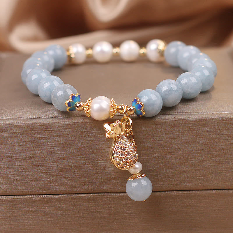 Karma Stone Aquamarine Pearl Fortune Money Bag Charm Bracelet