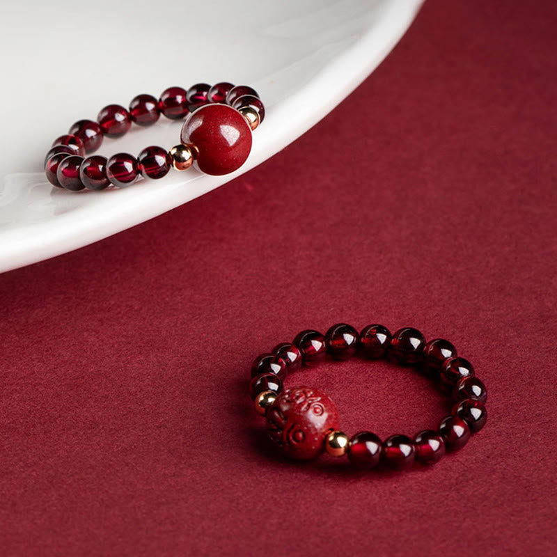 Karma Stone Garnet Cinnabar Lucky Bead PiXiu Om Mani Padme Hum Rose Protection Ring