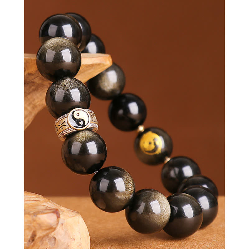 Karma Stone 925 Sterling Silver Black Obsidian Gold Sheen Obsidian Silver Sheen Obsidian Yin Yang Protection Bracelet