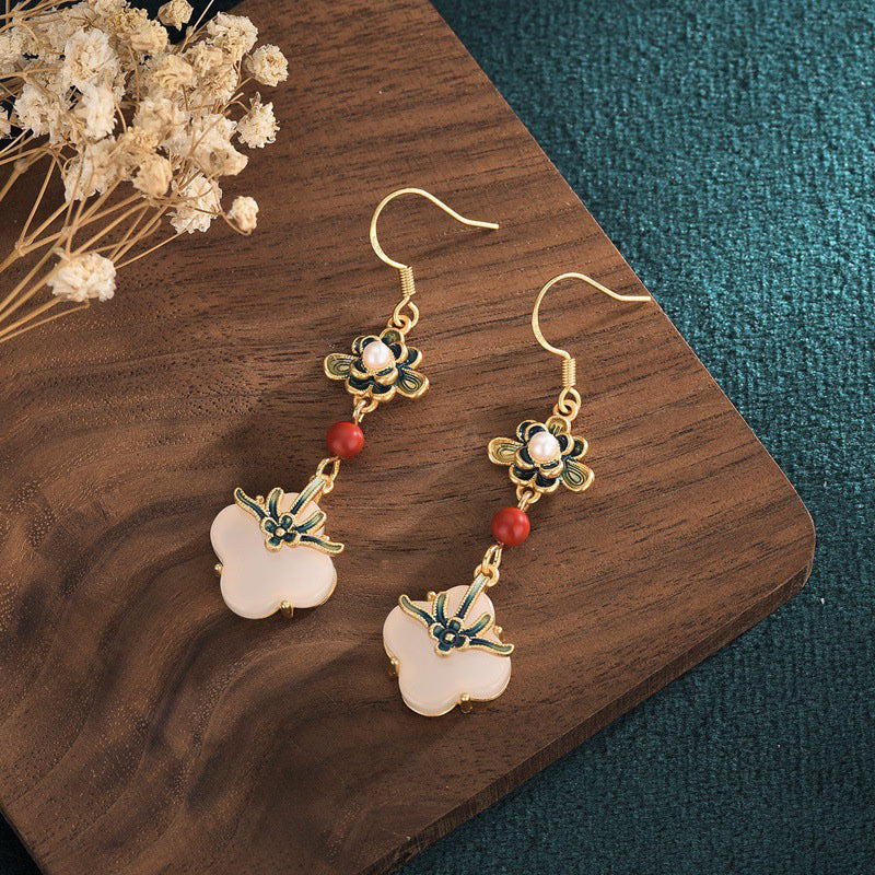 Karma Stone Lucky Four Leaf Clover Jade Abundance Copper Earrings