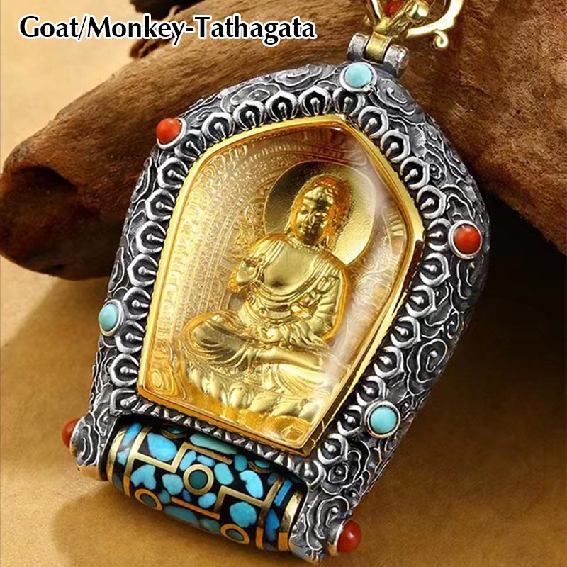 Karma Stone Tibet Chinese Zodiac Natal Buddha Thangka Prosperity Rotatable Dzi Bead Necklace Pendant