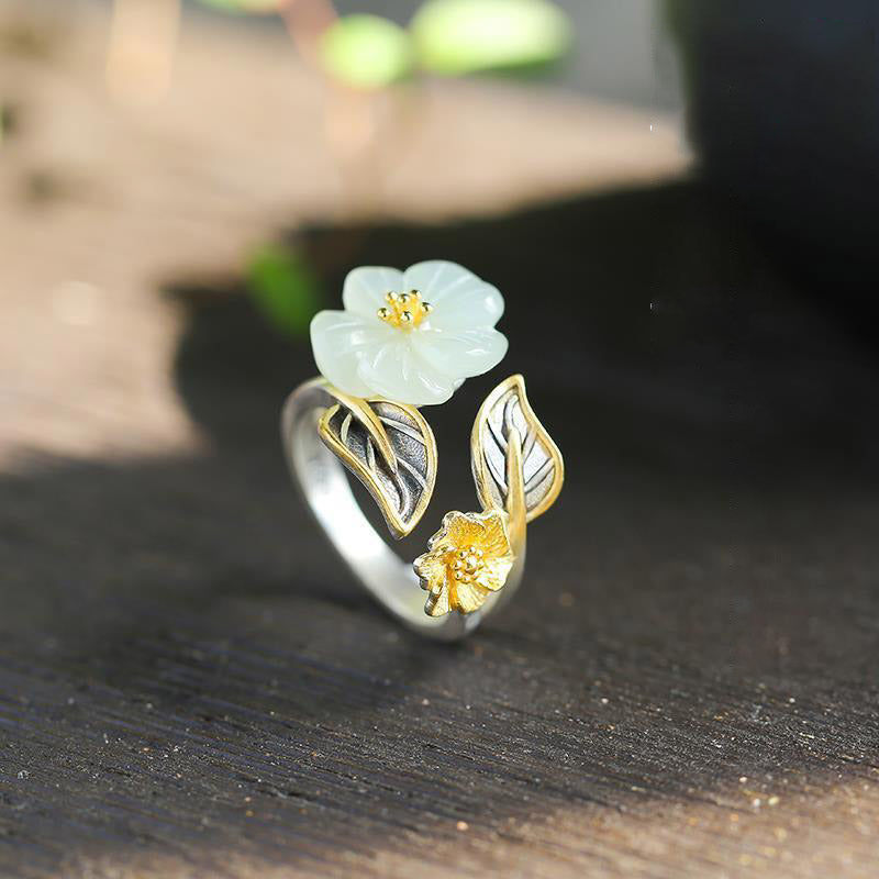 Karma Stone 925 Silver Plated Copper White Jade Plum Flower Leaf Luck Ring