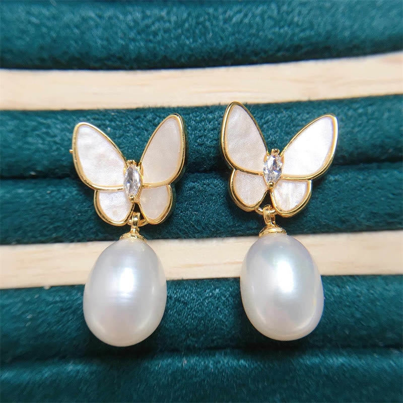 Karma Stone 925 Sterling Silver Posts 18K Gold Plated Copper Pearl Butterfly Optimism Stud Earrings