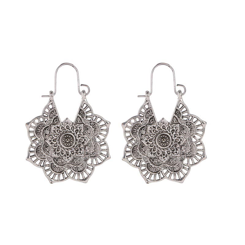 Karma Stone Tibetan Lotus Engraving Copper Blessing Drop Earrings