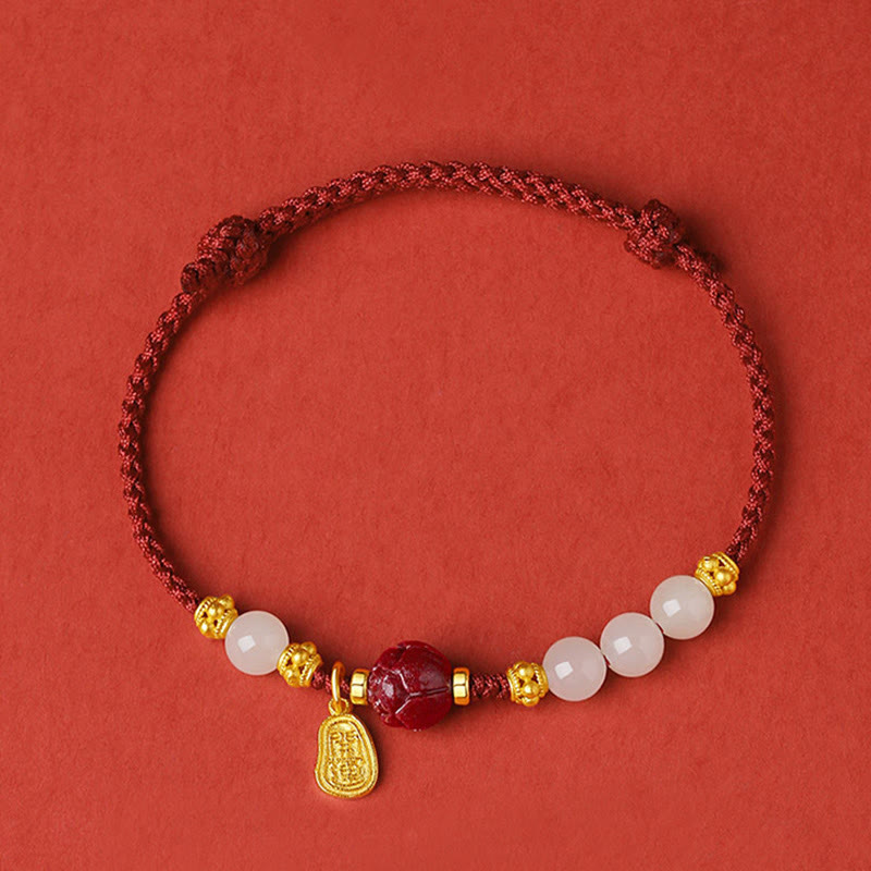 Karma Stone 24K Gold Plated Hetian White Jade Cinnabar Lotus Luck Rope Bracelet