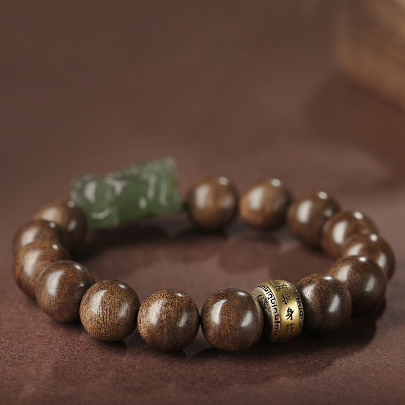 Karma Stone 925 Sterling Silver Brunei Agarwood PiXiu Jade Peace Strength Bracelet