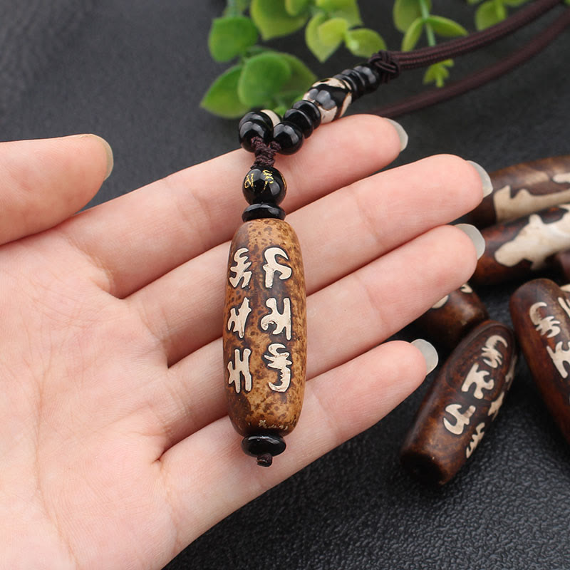 Karma Stone Tibet Om Mani Padme Hum Dzi Bead Avalokitesvara Pattern Wealth Necklace Pendant