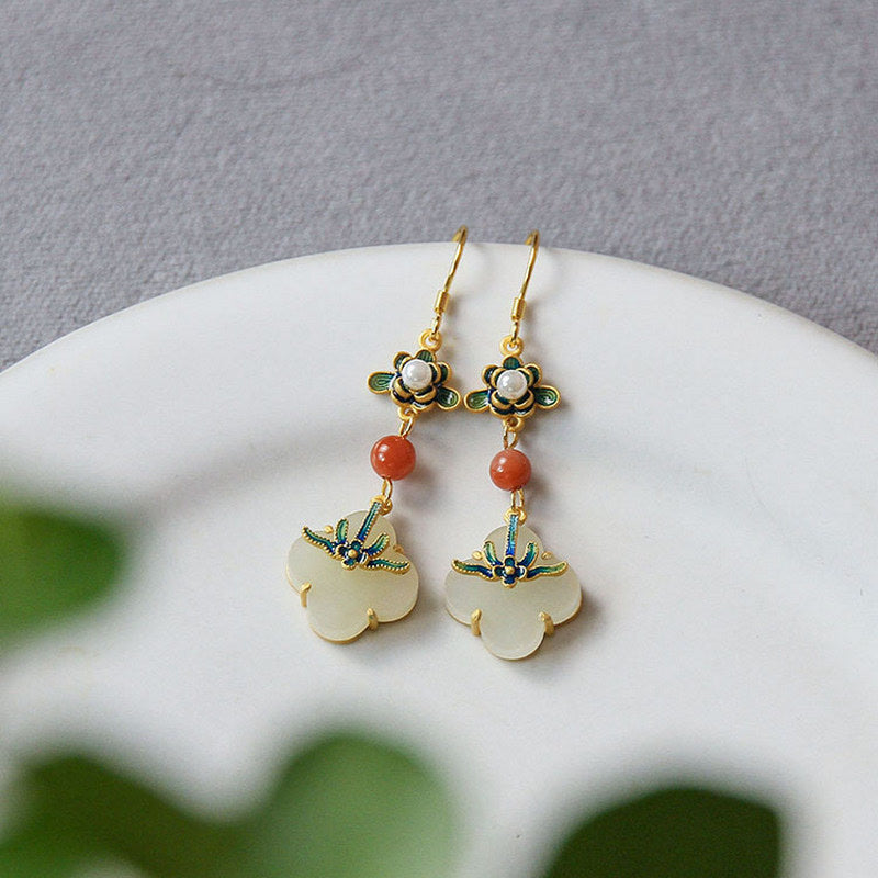 Karma Stone Lucky Four Leaf Clover Jade Abundance Copper Earrings
