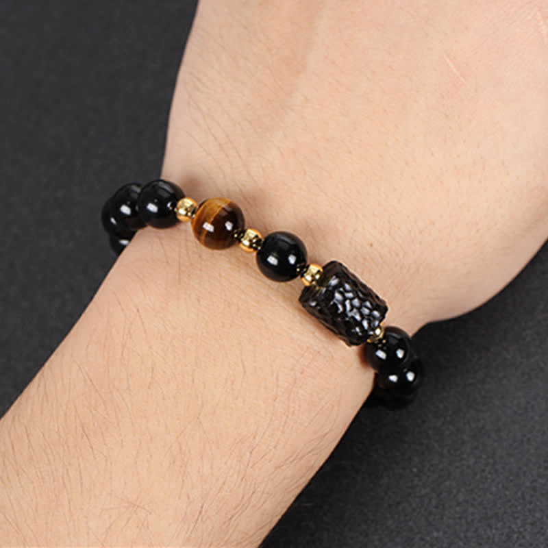 Karma Stone Black Obsidian Ebony Wood Red Tiger Eye Strength Couple Bracelet