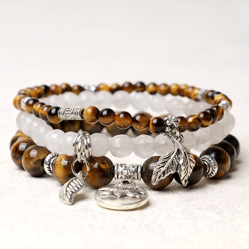 Karma Stone 3PCS Natural Quartz Crystal Beaded Healing Energy Lotus Bracelet
