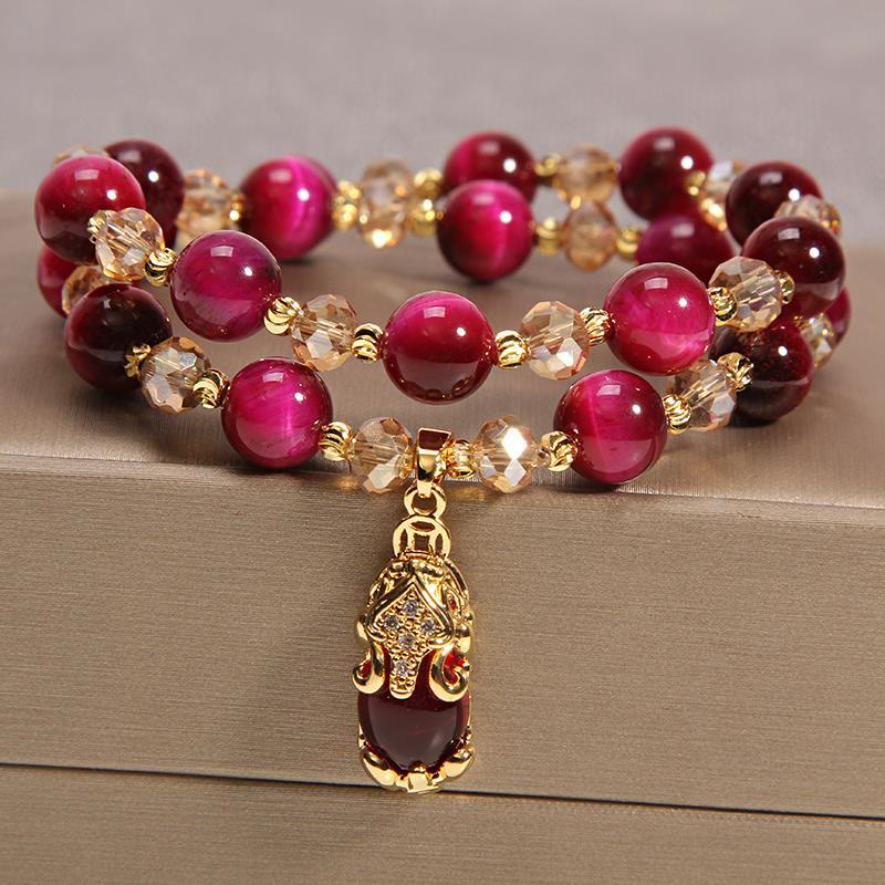 Karma Stone Tiger Eye Pixiu Fox Money Bag Protection Self Confidence Double Wrap Bracelet