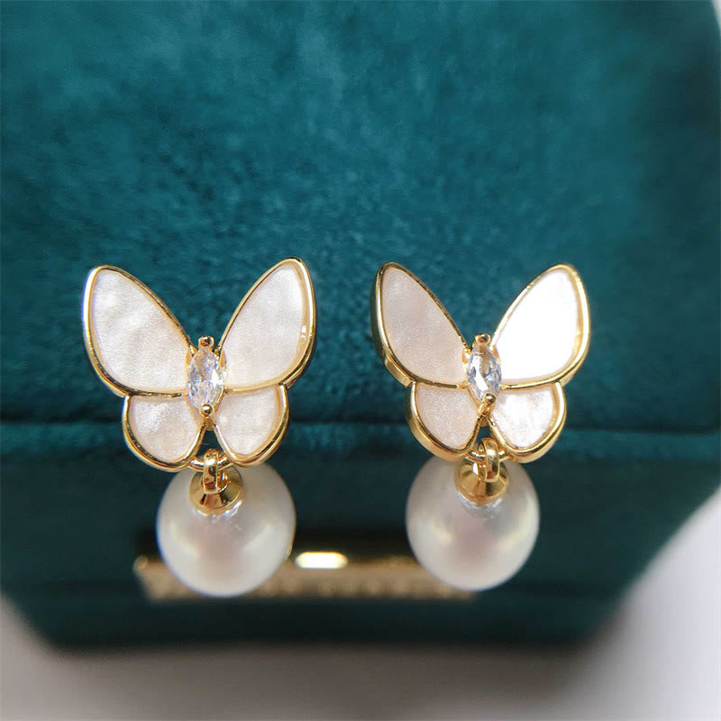 Karma Stone 925 Sterling Silver Posts 18K Gold Plated Copper Pearl Butterfly Optimism Stud Earrings