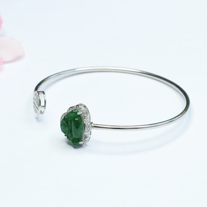Karma Stone 925 Sterling Silver Laughing Buddha Jade Luck Bracelet Bangle