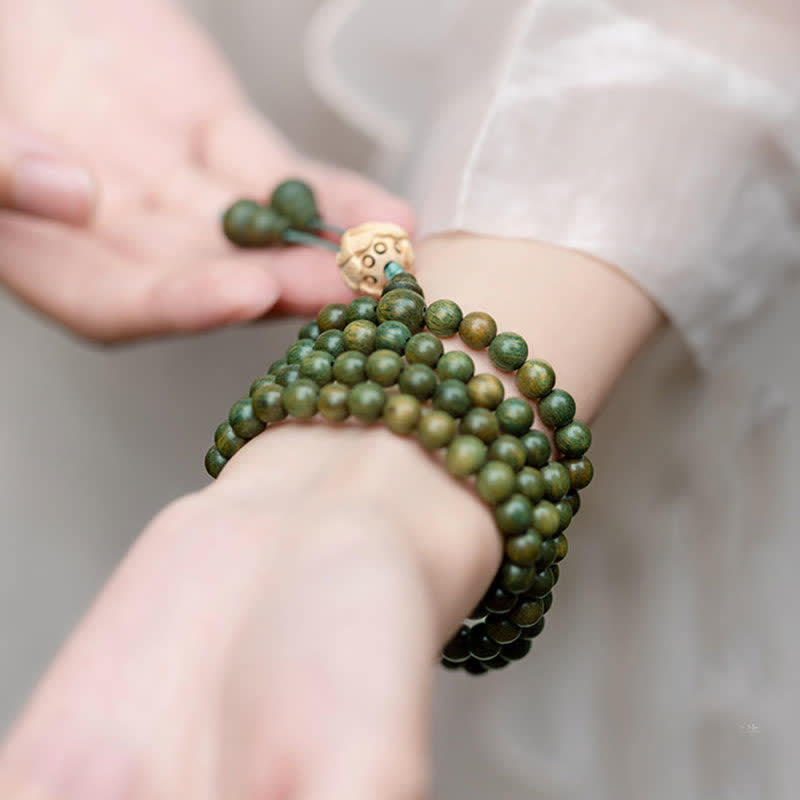 Karma Stone 108-Bead Rosary Green Sandalwood, Boxwood, Lotus, Auspicious Wooden Rosary Bracelet