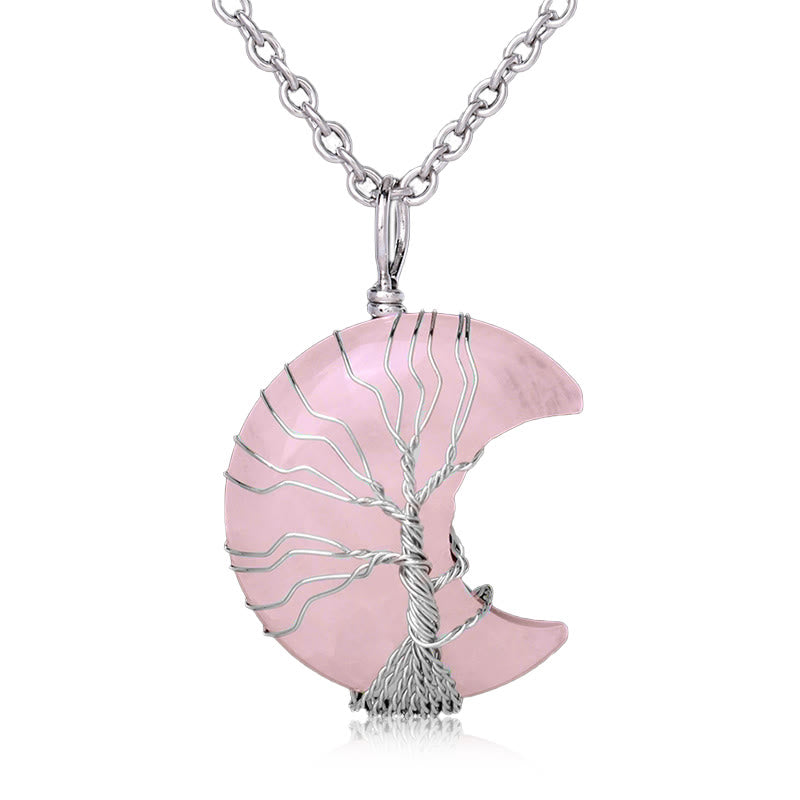 Karma Stone Natural Quartz Crystal Moon Tree Of Life Healing Energy Necklace Pendant