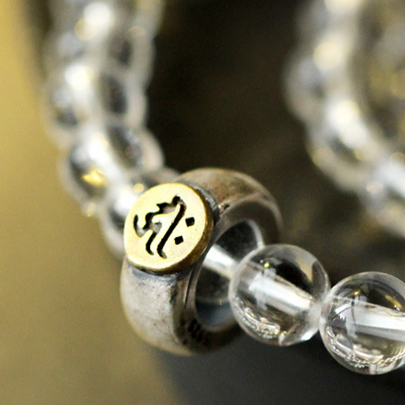 Karma Stone 925 Sterling Silver Chinese Zodiac Natal Buddha White Crystal Meditation Triple Wrap Bracelet