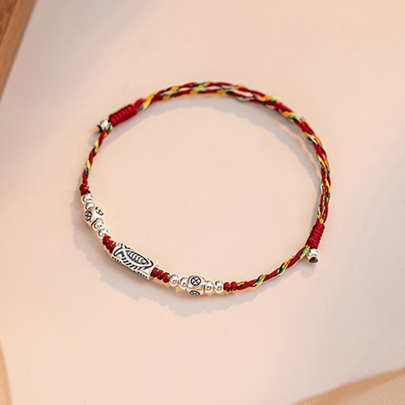 Karma Stone 925 Sterling Silver Luck Koi Fish Braided Colorful String Bracelet Anklet