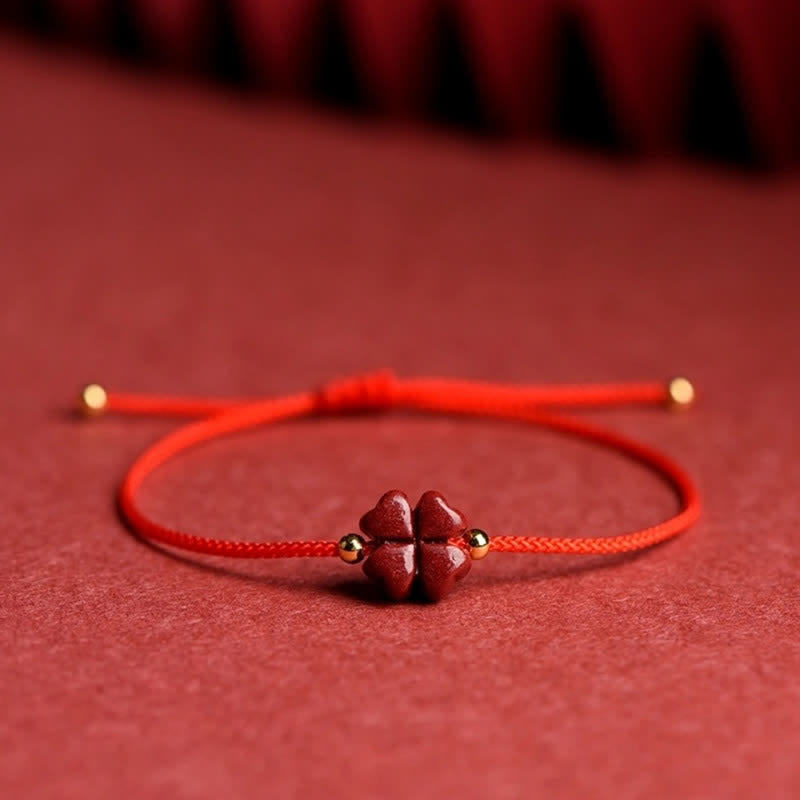 Karma Stone Natural Cinnabar Four Leaf Clover Blessing Red String Bracelet Anklet