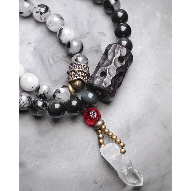 Karma Stone Black Rutilated Quartz Ebony Wood White Crystal Success Couple Bracelet