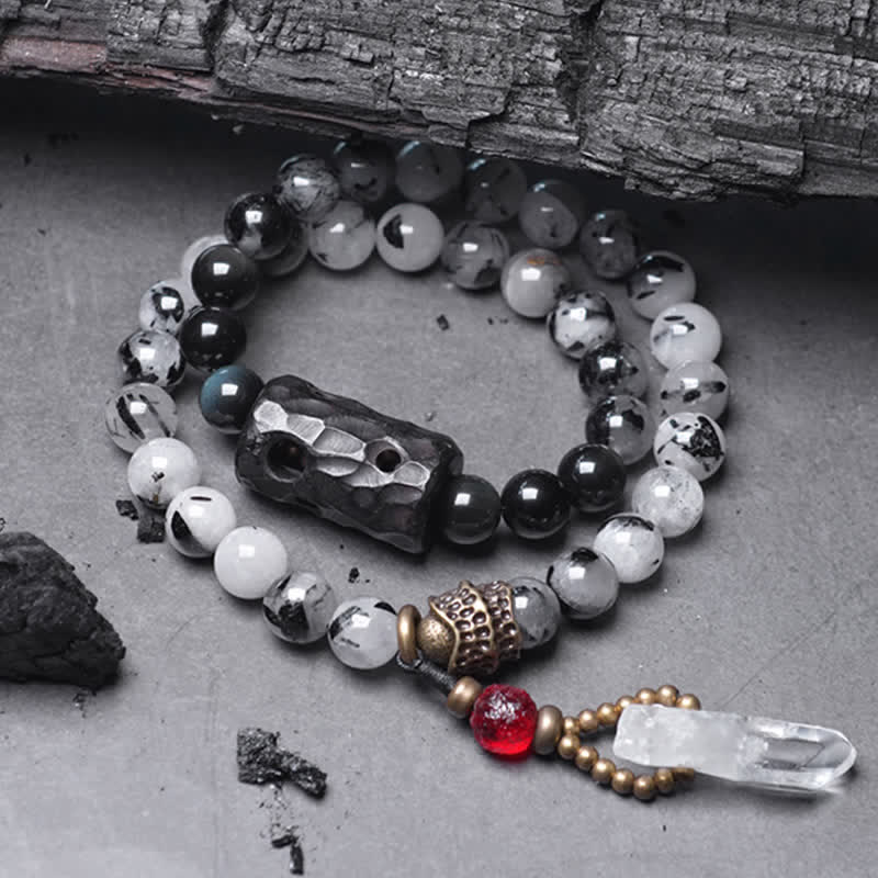 Karma Stone Black Rutilated Quartz Ebony Wood White Crystal Success Couple Bracelet