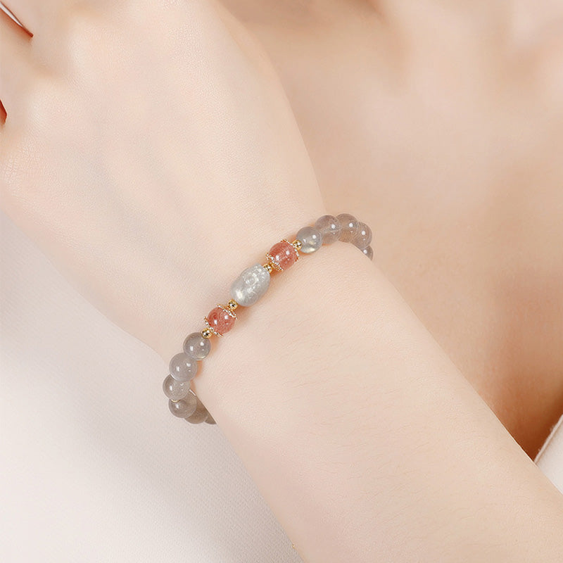 Karma Stone Aquamarine Strawberry Quartz Amethyst Moonstone PiXiu Healing Bracelet
