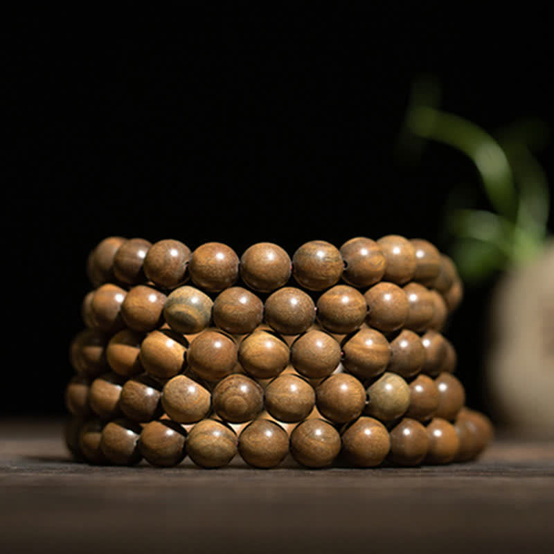 Karma Stone 108-Bead Rosary Green Sandalwood, Boxwood, Lotus, Auspicious Wooden Rosary Bracelet