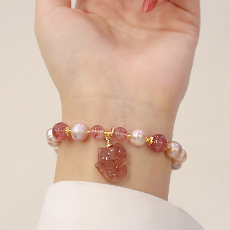 Karma Stone Natural Pearl Strawberry Quartz Cute Fox Love Healing Charm Bracelet