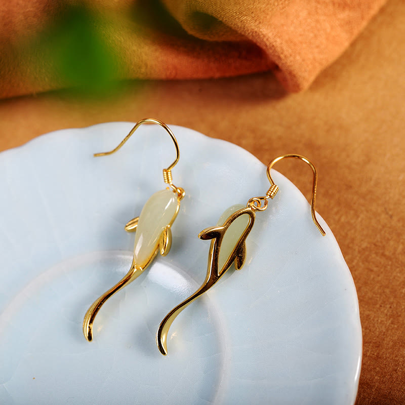Karma Stone Fish Pattern Jade Luck Dangle Drop Earrings