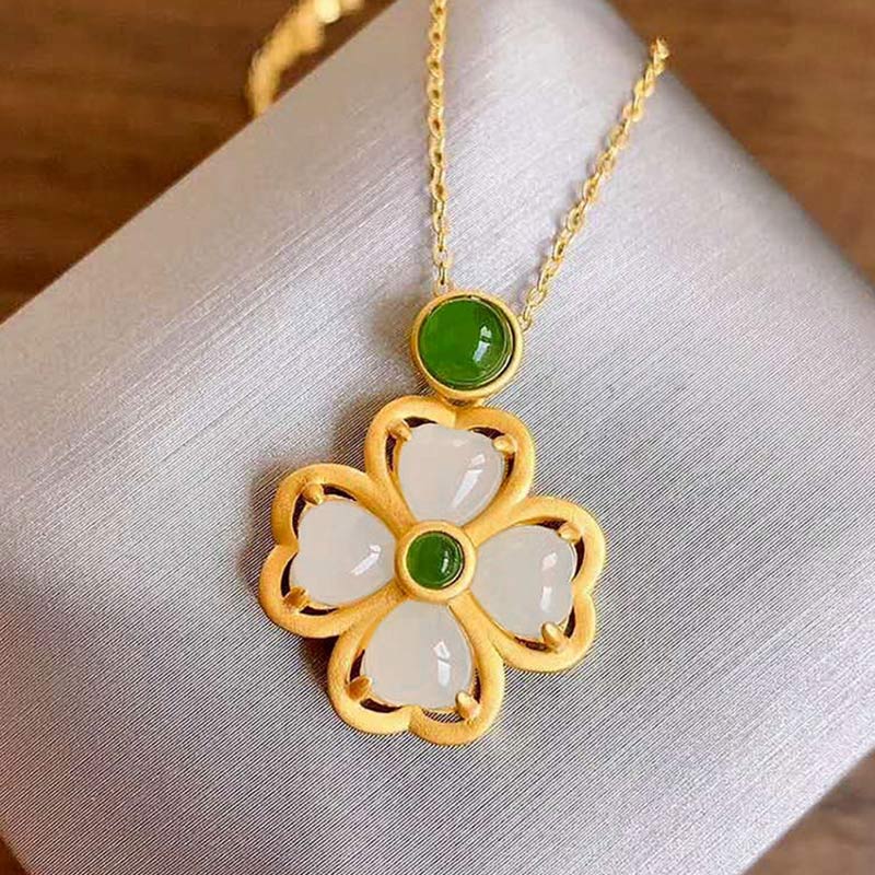 Karma Stone 925 Sterling Silver Lucky Four Leaf Clover Jade Prosperity Necklace Chain Pendant