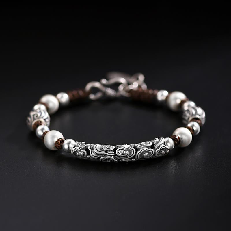 Karma Stone Tibet Handmade Copper 999 Sterling Silver Auspicious Cloud Wealth String Bracelet