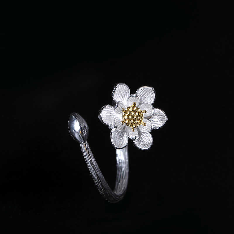 Karma Stone 925 Sterling Silver Lotus Flower Blessing Ring