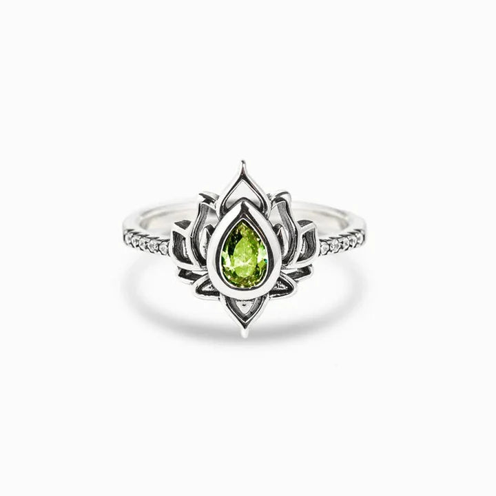 Karma Stone Sterling Silver Lotus Zircon Blessing Protection Ring