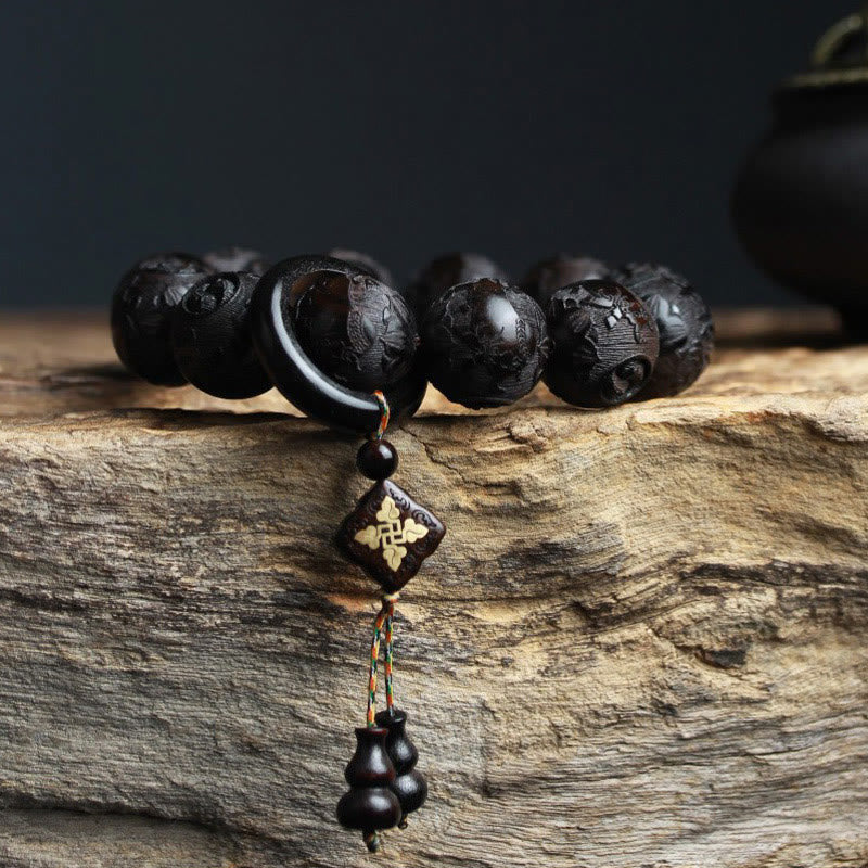 Karma Stone Ebony Wood Chinese Character Yin Yang Engraved Gourd Balance Bracelet