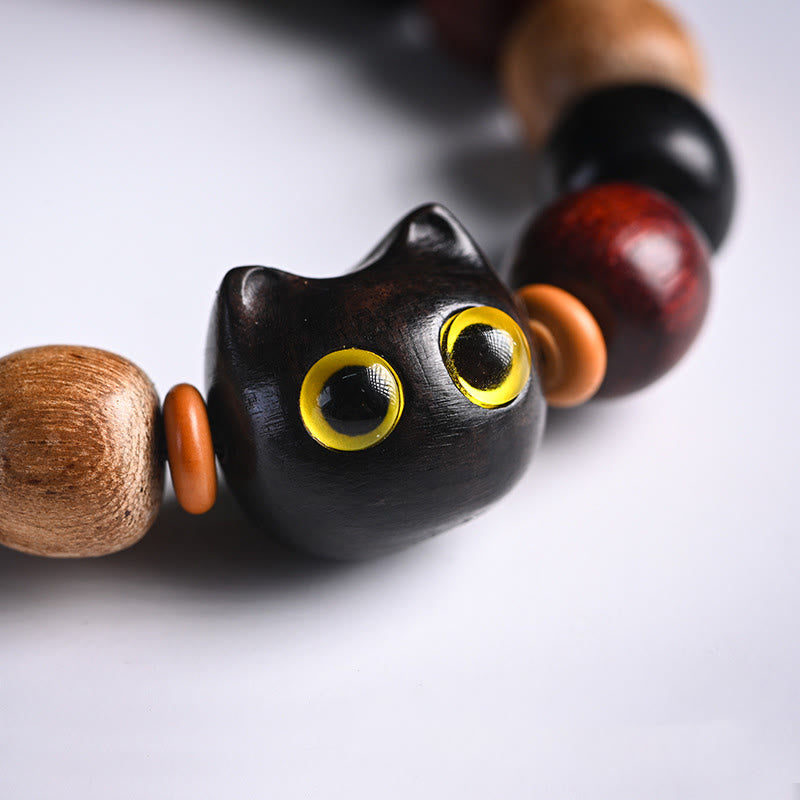 Karma Stone Small Leaf Red Sandalwood Ebony Wood Cute Cat Engraved Protection Bracelet