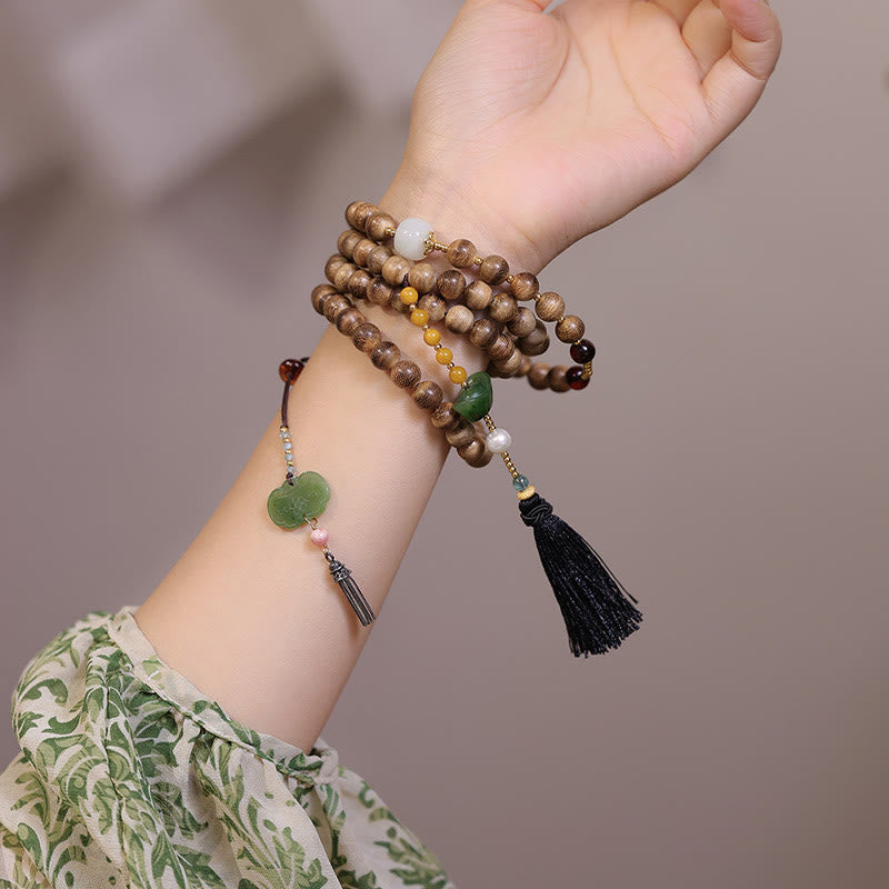 Karma Stone Natural Agarwood Amber Jade Ingot Tassel Ruyi Charm Bracelet