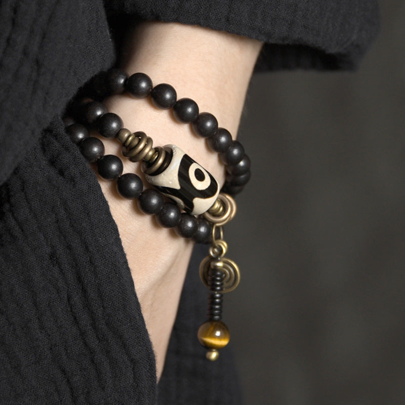 Karma Stone Ebony Wood Dzi Bead Copper Protection Couple Bracelet